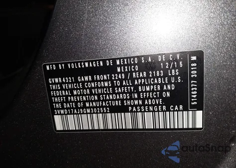 2016 Volkswagen Jetta 1.8T Sport z USA, uszkodzony, nr VIN 3VWD17AJ9GM302552